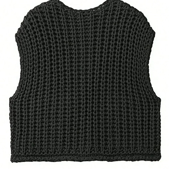 Black Casual Women's Loose Knit Vest With Double Pockets - Picture 2 of 5